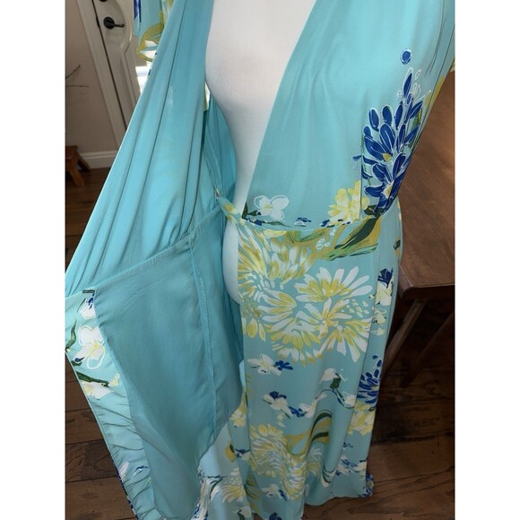 Eva Mendes Floral Maxi Wrap Dress M Blue Yellow Chiffon Summer Vacation - Picture 7 of 12